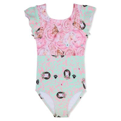 Girl Power Two Tone Bows Flutter Sleeve Leotard