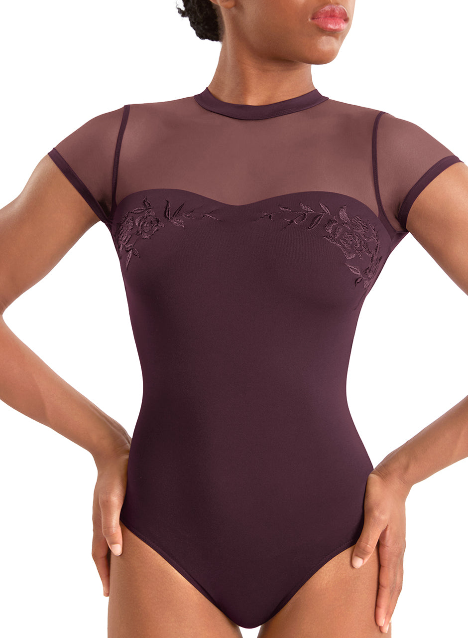 Mirella M20011LM Adult Mock Neck Floral Cap Sleeve Leotard