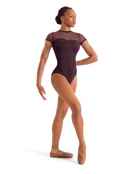 Mirella M20011LM Adult Mock Neck Floral Cap Sleeve Leotard