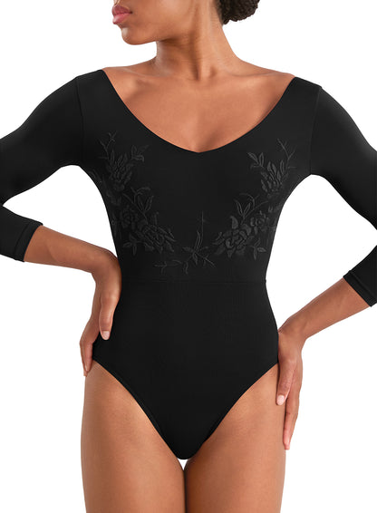Mirella M60003LM Adult Floral V-Neck 3/4 Sleeve Leotard