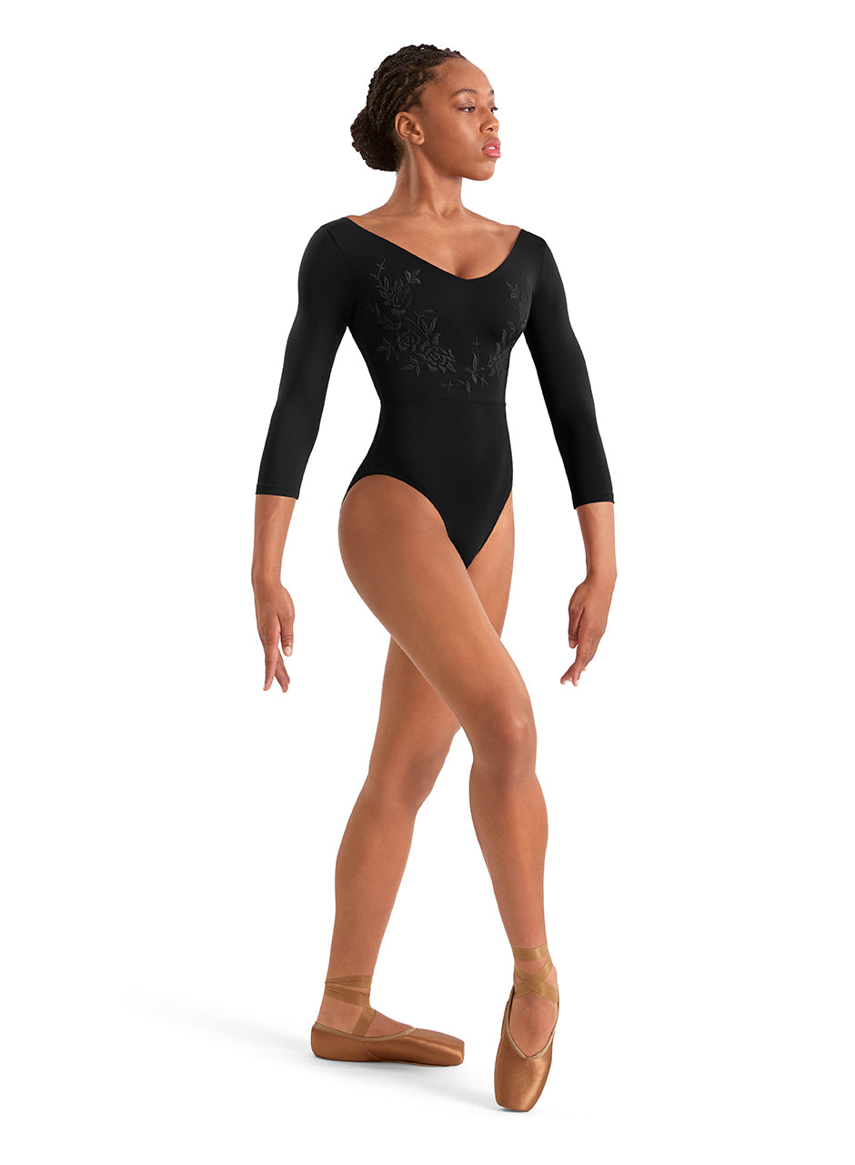 Mirella M60003LM Adult Floral V-Neck 3/4 Sleeve Leotard